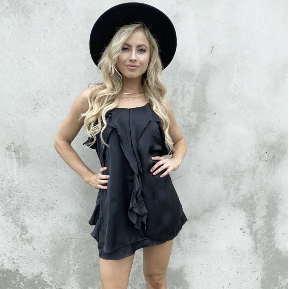 Black satin ruffle shift dress
